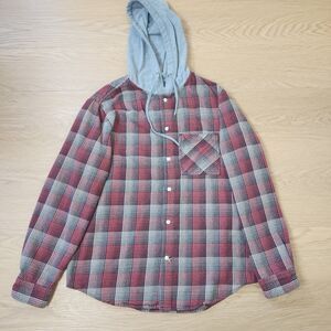 Edgar + Ash Hooded Flannel Mens M Red Plaid Button Long Sleeve Utility Shacket